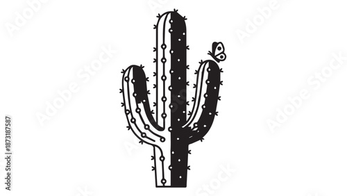 Desert cactus silhouette illustrated in a bold black and white line art style and simple botanical form.