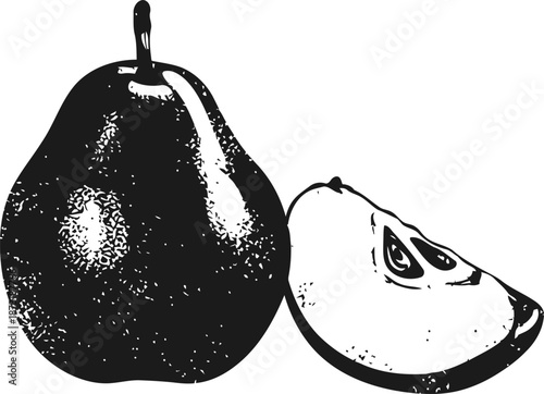 Pear and slice isolated fresh juicy fruit, detailed black and white vintage sketch illustration