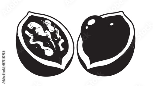 Two halves of walnuts displayed together, showcasing edible kernels inside cracked shells.