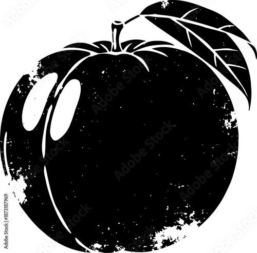 black silhouette of a ripe apple with leaf, rustic texture and vintage