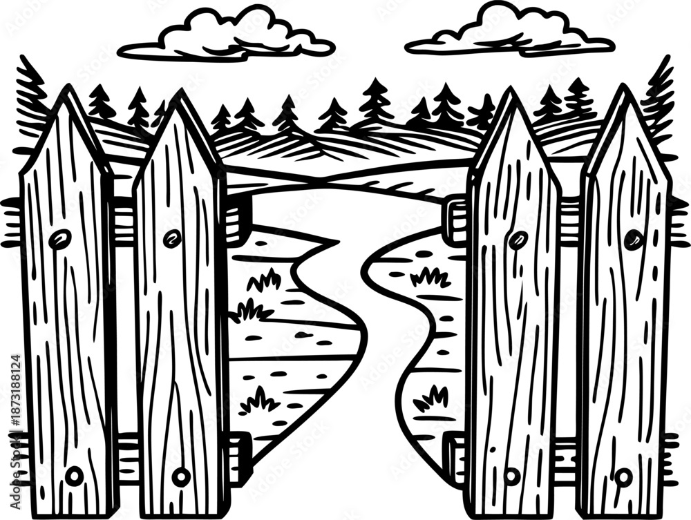 Obraz premium Open wooden gate leading to winding path through forest landscape with clouds above