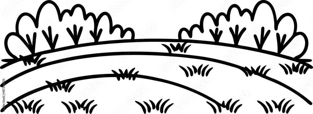 Fototapeta premium Curved grassy field with bushes on horizon line, simple black and white landscape drawing