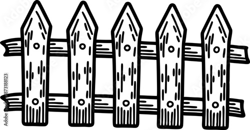 Wooden fence illustration with pointed pickets and horizontal rails in black and white line art