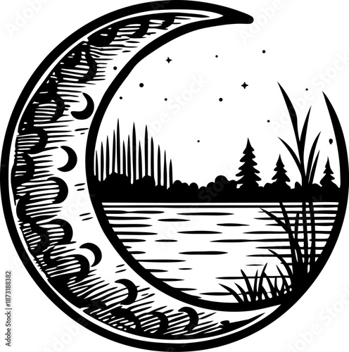 Crescent moon with scenic lakeside view, pine trees, stars, and reeds in black and white illustration
