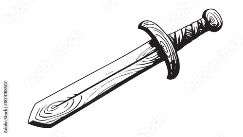 Illustration of a medieval dagger with wooden grip and straight blade in a monochrome lineart style.