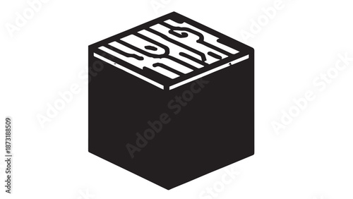 Abstract black cube icon with white lines forming a 3D geometric block design and subtle depth.