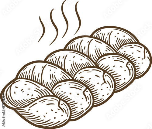 Freshly baked braided bread loaf with steam rising, detailed hand drawn rustic artisan