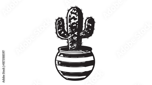 Minimalist illustration of a striped potted cactus plant.