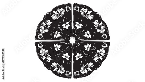 Intricate black lace circular mandala design.