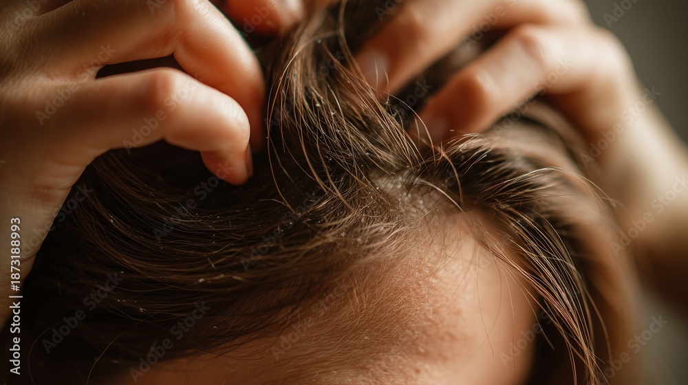 Naklejka premium Close-Up of Itchy Scalp with Dandruff, Hair Care Concept