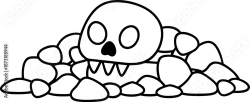 Skull and stones pile illustration simple black and white line art of creepy skull surrounded by rocks
