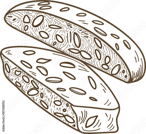 Hand drawn illustration of two pieces of biscotti with visible almond slices and textured crumb detail