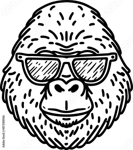 gorilla head with sunglasses, cool primate face illustration, confident ape portrait