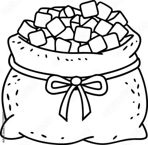 Bag filled with sugar cubes, tied with a ribbon, simple black and white line drawing illustration