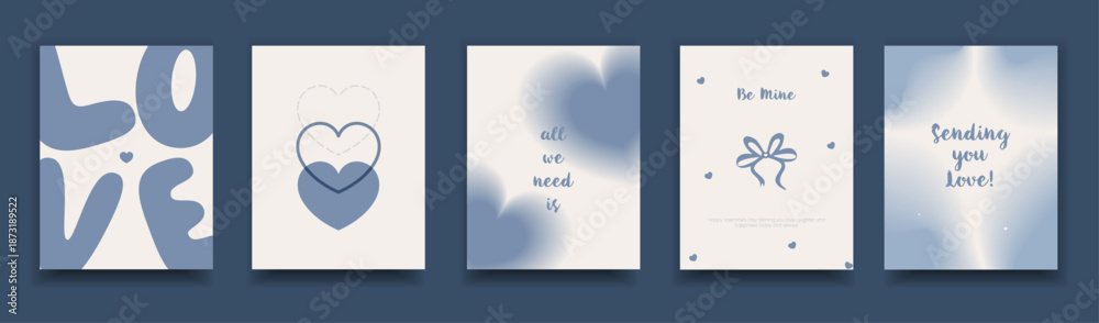 Fototapeta premium Happy valentine's day Minimal Blue Valentine’s Day Card Set with Hearts and Love Quotes, Modern Valentine Love Card Collection, vector illustration.