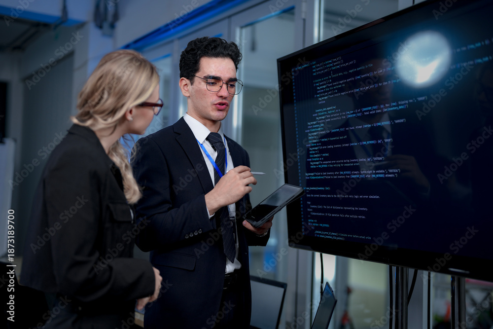 Fototapeta premium A male team leader in a suit uses a stylus to explain a complex project on a large screen, providing one-on-one training to a female colleague in a modern, high-tech office.