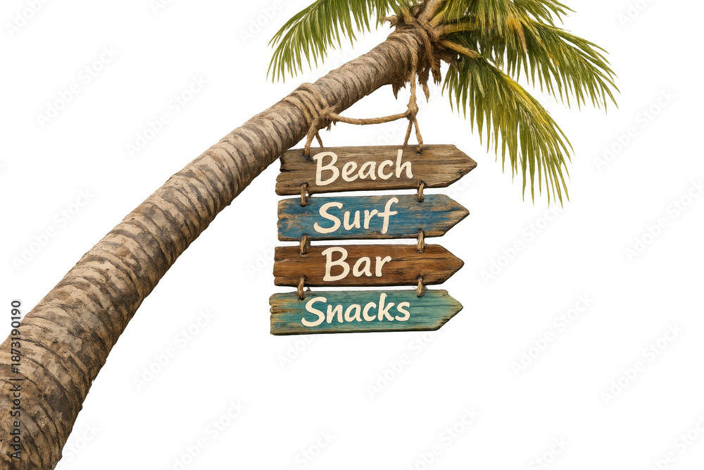 Obraz premium Palm tree with wooden directional signs indicating beach, surf, bar, and snacks, a concept of tropical vacation and tourism path
