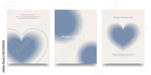 Happy Valentine’s Day Blue Heart Poster Set with Soft Glow Background, Romantic Valentine’s Day Greeting Card Design in Pastel Blue, vector illustration.