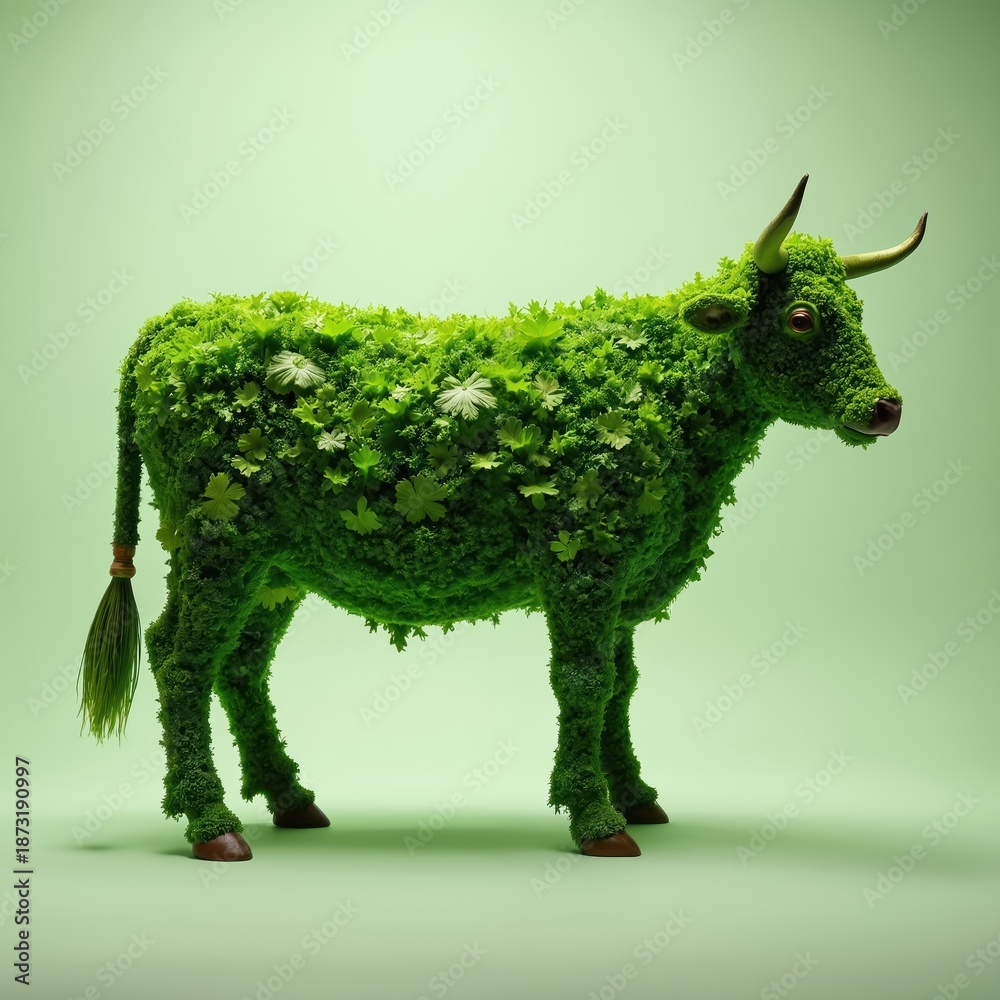 Obraz premium Green bull sculpture made of grass and leaves. This eco friendly animal art represents vegetarianism and organic food. A symbol of nature care and vegan lifestyle.