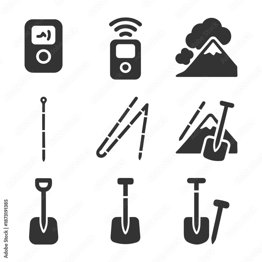 Obraz premium Avalanche rescue icons: transceiver, probe, shovel, mountain graphics set.