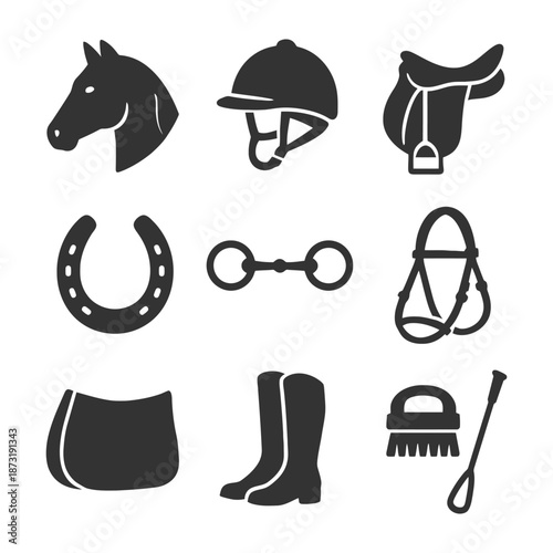 Equestrian equipment icons set: horse, saddle, helmet, boots, bridle, whip, horseshoe.