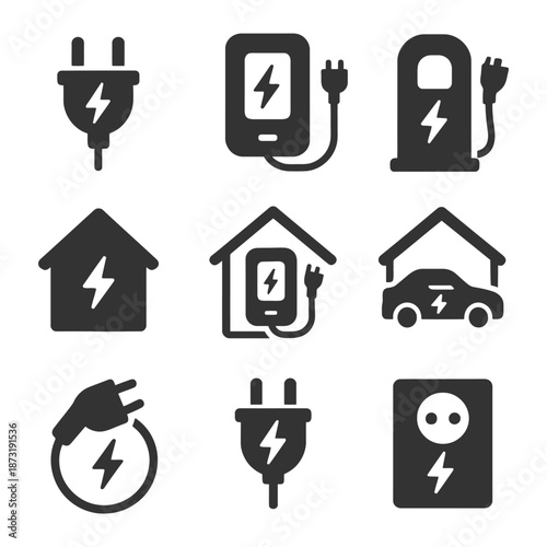 Electric energy symbols: charging stations and power outlets icons set.