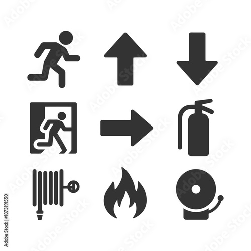 Emergency icons: fire extinguisher, escape, arrows, alarm, flame.