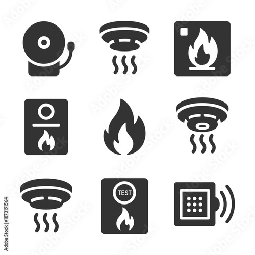 Fire safety icons set with smoke alarms and emergency symbols.