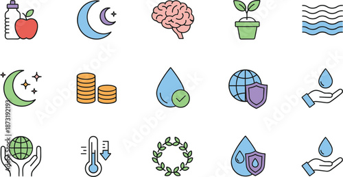 Sustainability and Wellness Icon Set with Water Protection Eco Growth Brain Health Climate Care and Green Lifestyle Symbols Color Vector Illustration