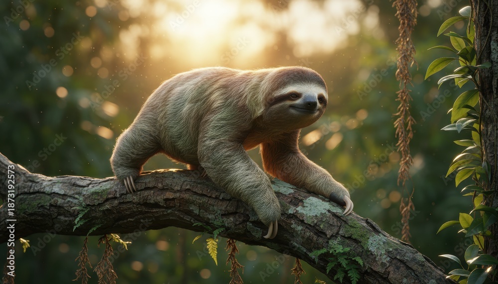 Naklejka premium Serene Sloth Climbing Along a Mossy Tree Branch Bathed in Warm Golden Sunlight