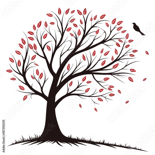 Autumn tree with falling leaves and bird