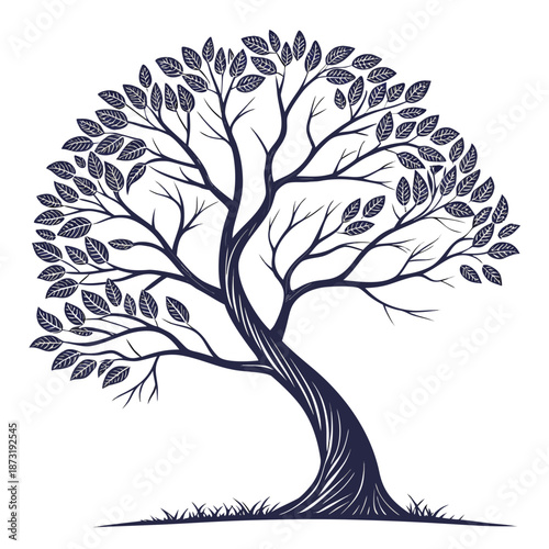 Illustrated tree with curved trunk and leaves