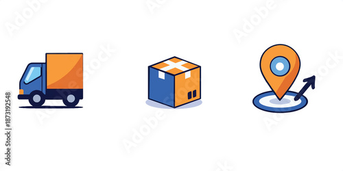 Set of logistics and delivery icons featuring a delivery truck, a cardboard parcel box, and a map location pin with a tracking arrow. Flat vector illustration in orange and blue.
