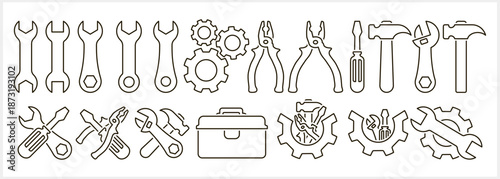 Outline screwdriver pliers icon Hammer, box, gears Tools sketch clipart Vector stock illustration