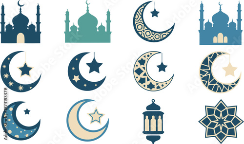 A collection of Islamic symbols featuring mosques, crescent moons, stars, and lanterns on a white surface