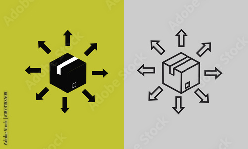 Delivery and distribution concept icon set black solid and outline icons of a box with arrows pointing outwards, symbolizing shipping, logistics, and spreading out