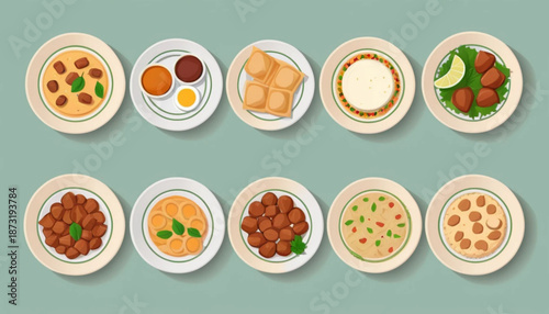 Illustration of six assorted iftar meal plate icons arranged in two rows, flat color style with soft shading, simple plain background