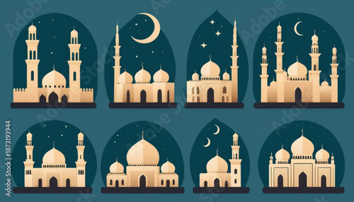 Illustration of six assorted Islamic city silhouette icons arranged in two rows, flat color style with soft shading, simple plain background