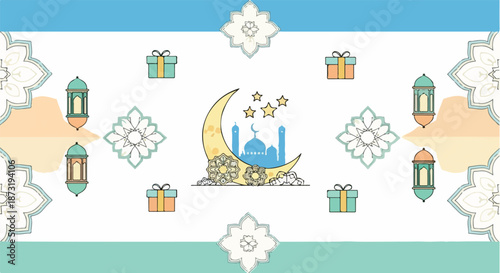 Festive Islamic Holiday Illustration with Crescent Moon Mosque, Stars, Lanterns, Gift Boxes, and Mandala Art