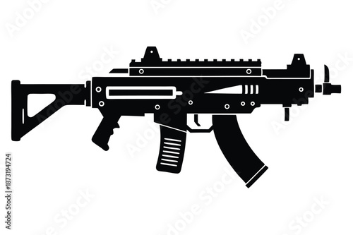 Heavy Duty Machine Gun Silhouette Vector, Tactical Military Weapon Isolated on Plain White