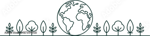 A single unbroken line forms a representation of the globe nestled among a variety of small green trees