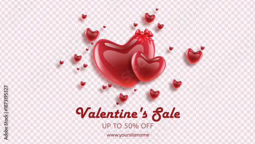 Elegant valentine's day sale banner with glossy red hearts and sparkling details