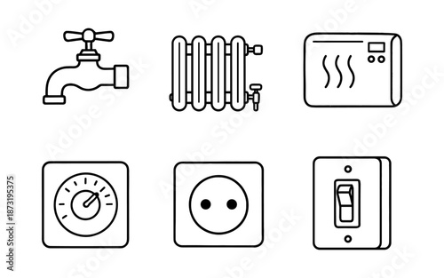 Set of icons representing home utilities and electrical components