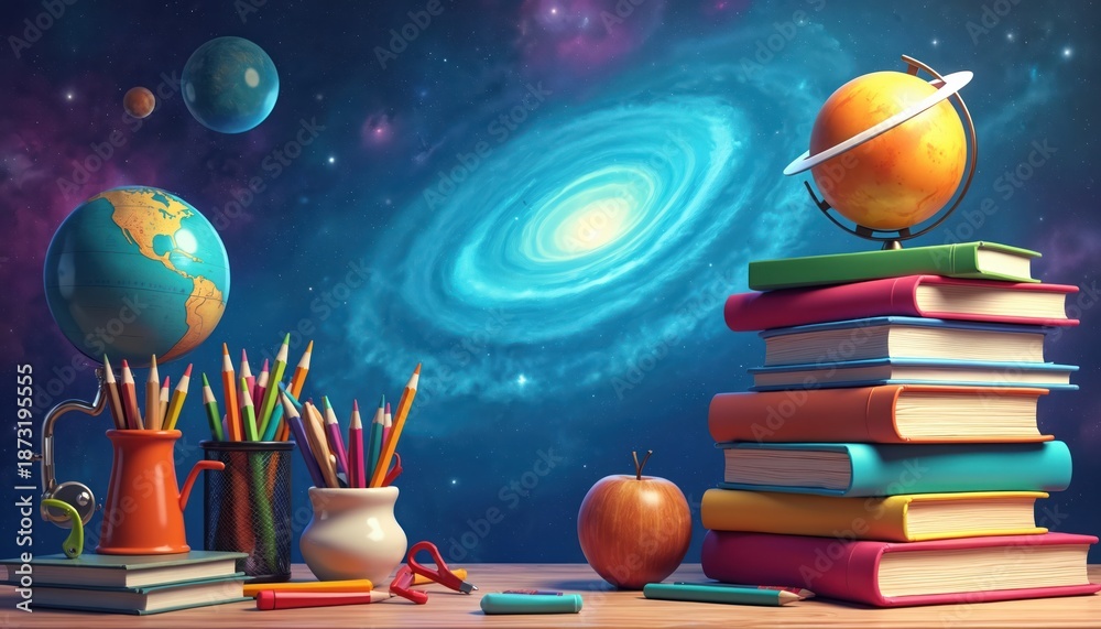 Naklejka premium Cosmic back to school concept. Planets, galaxy, study items on table. School supplies, books, globes for education theme. Universe learning tools for students in class. Studying background for school.
