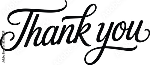Beautifully written Thank you message in elegant black script lettering on a simple white canvas