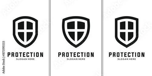 Minimalist shield protection logo with cross symbol
