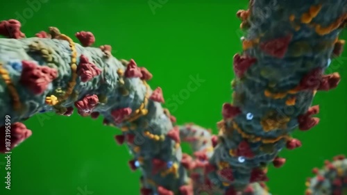 Abstract illustration of virus cells with spikes on a vibrant green backdrop