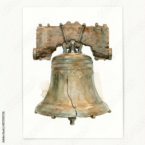 Historic Liberty Bell with cracked surface and wooden yoke in detail  