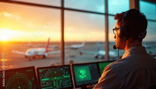 Air traffic controller monitors screens in airport control tower during sunset. Pro works managing flights, plane departures, arrivals at airfield. Modern technology assists with airspace navigation,