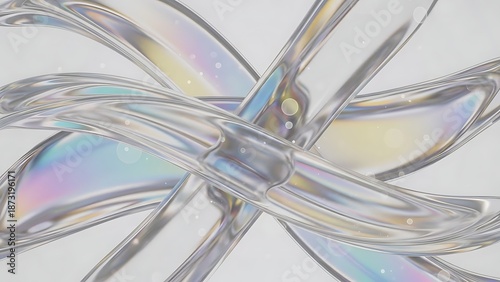 A delicate glass sculpture featuring intertwined transparent petals reflecting pastel hues on a minimalist white background